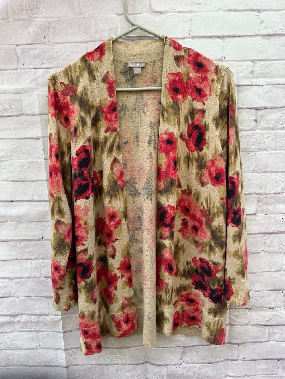 J. Jill size M cream Floral Open Front Cardigan Sweater